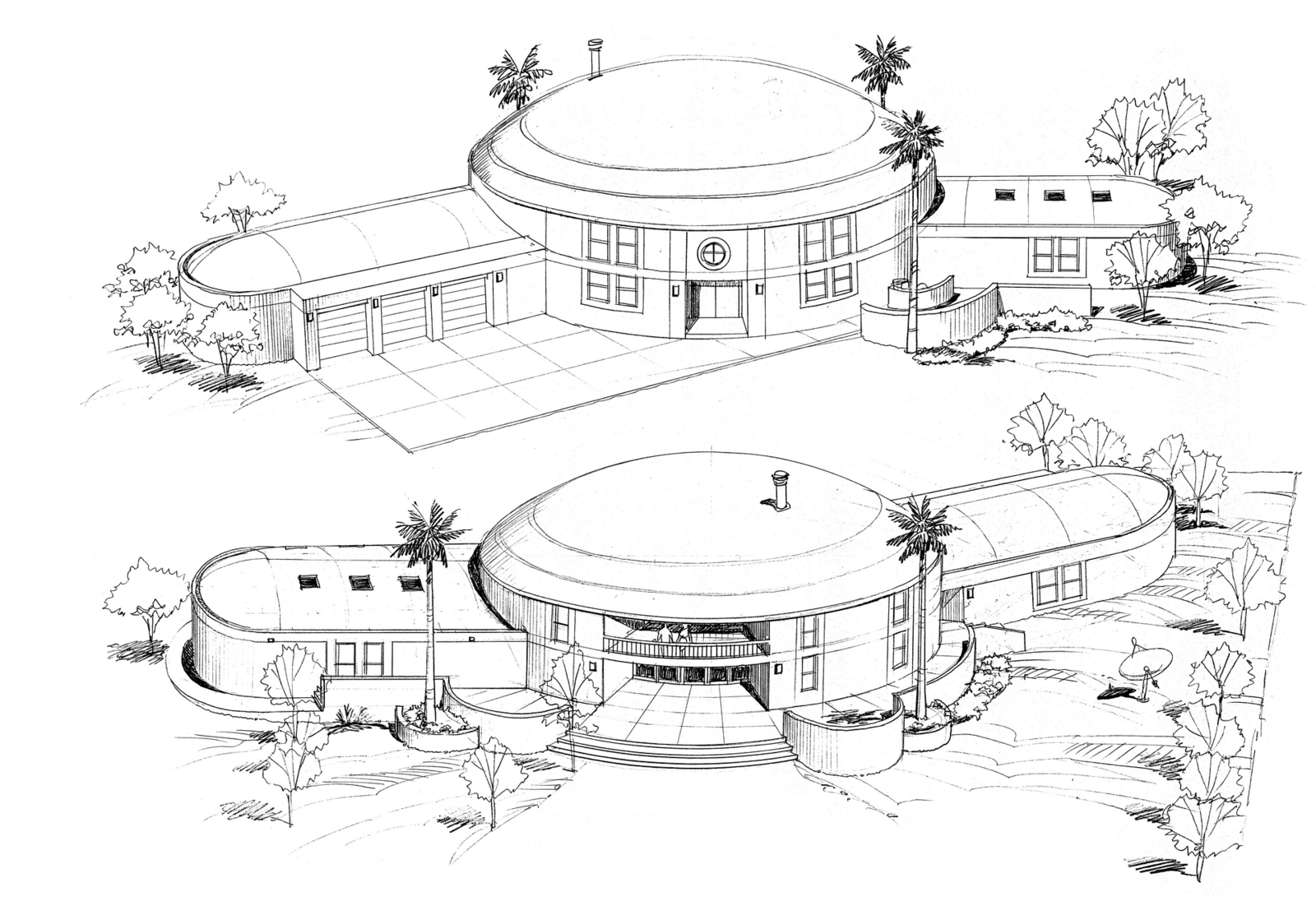 Front and rear elevations of proposed Monolithic Dome home.