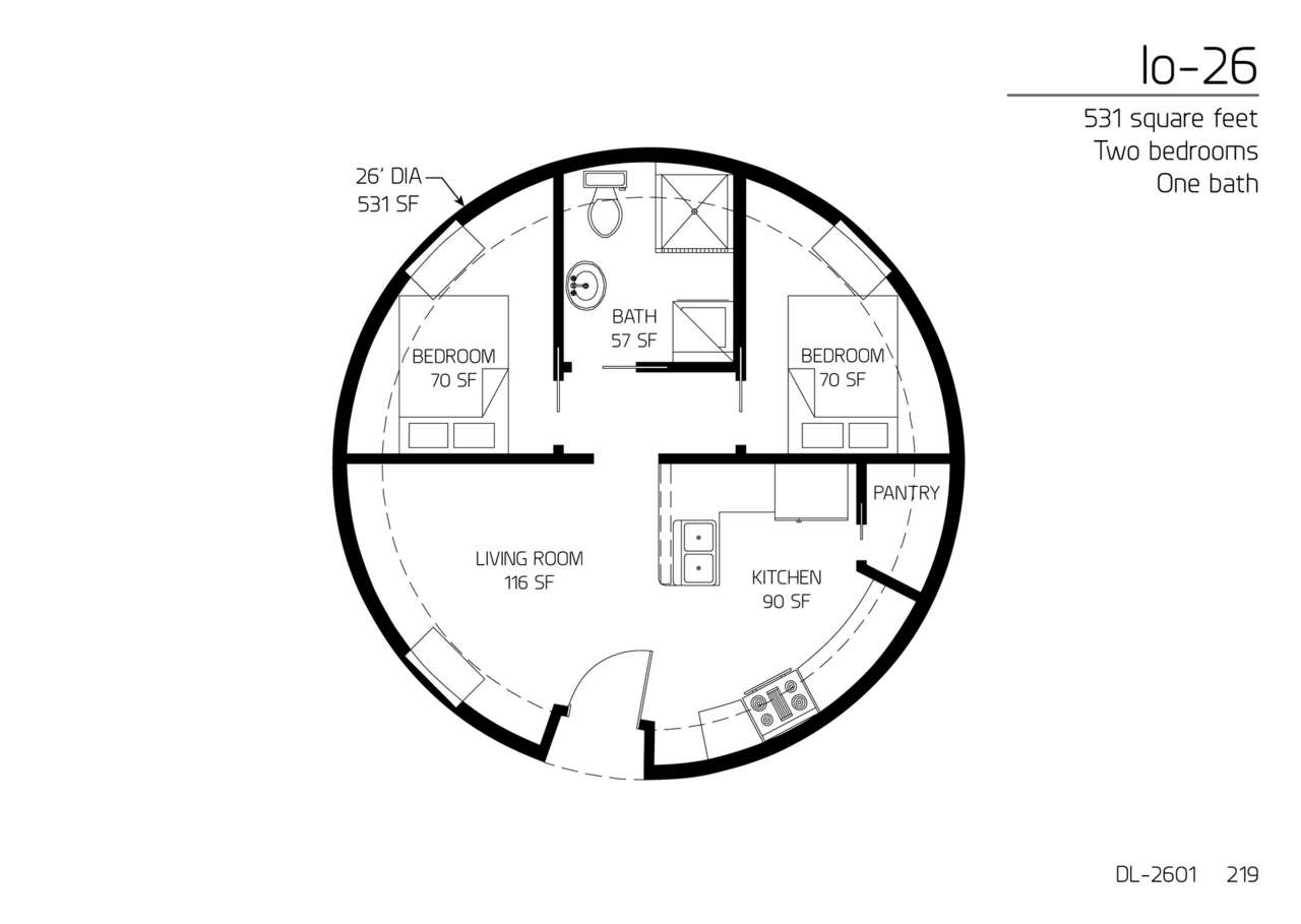 Io-26: A 26' Diameter, 531 SF,  Two-Bedroom, One-Bath Floor Plan.