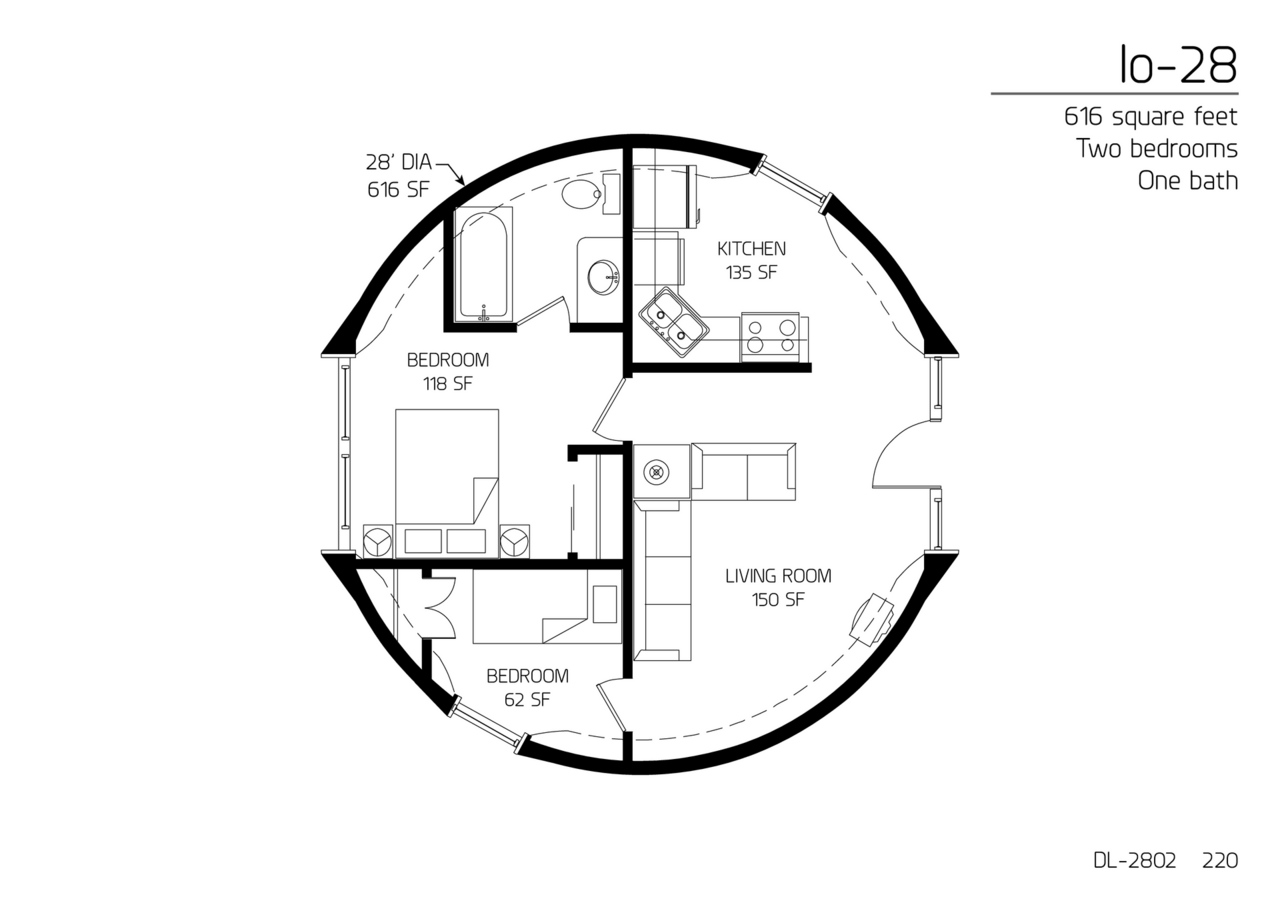 Io-28: A 28' Diameter, 616 SF,  Two-Bedroom, One-Bath Floor Plan.