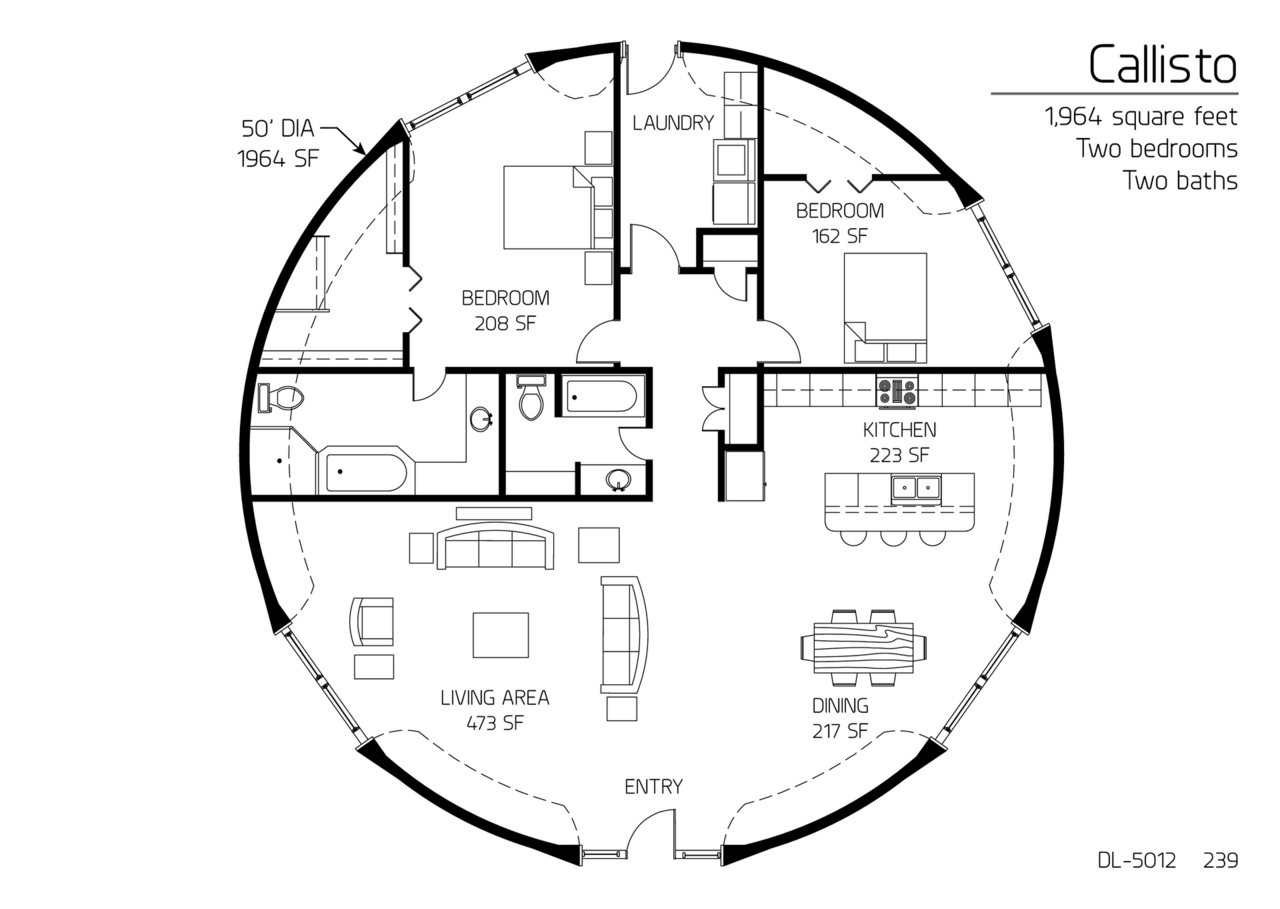 Callisto: A 50' Diameter, 1,964SF,  Two-Bedroom, Two-Bath Floor Plan.
