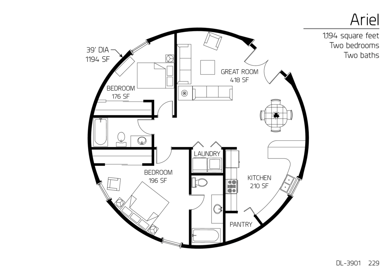 Ariel: A 39' Diameter, 1,194 SF,  Two-Bedroom, Two-Bath Floor Plan.
