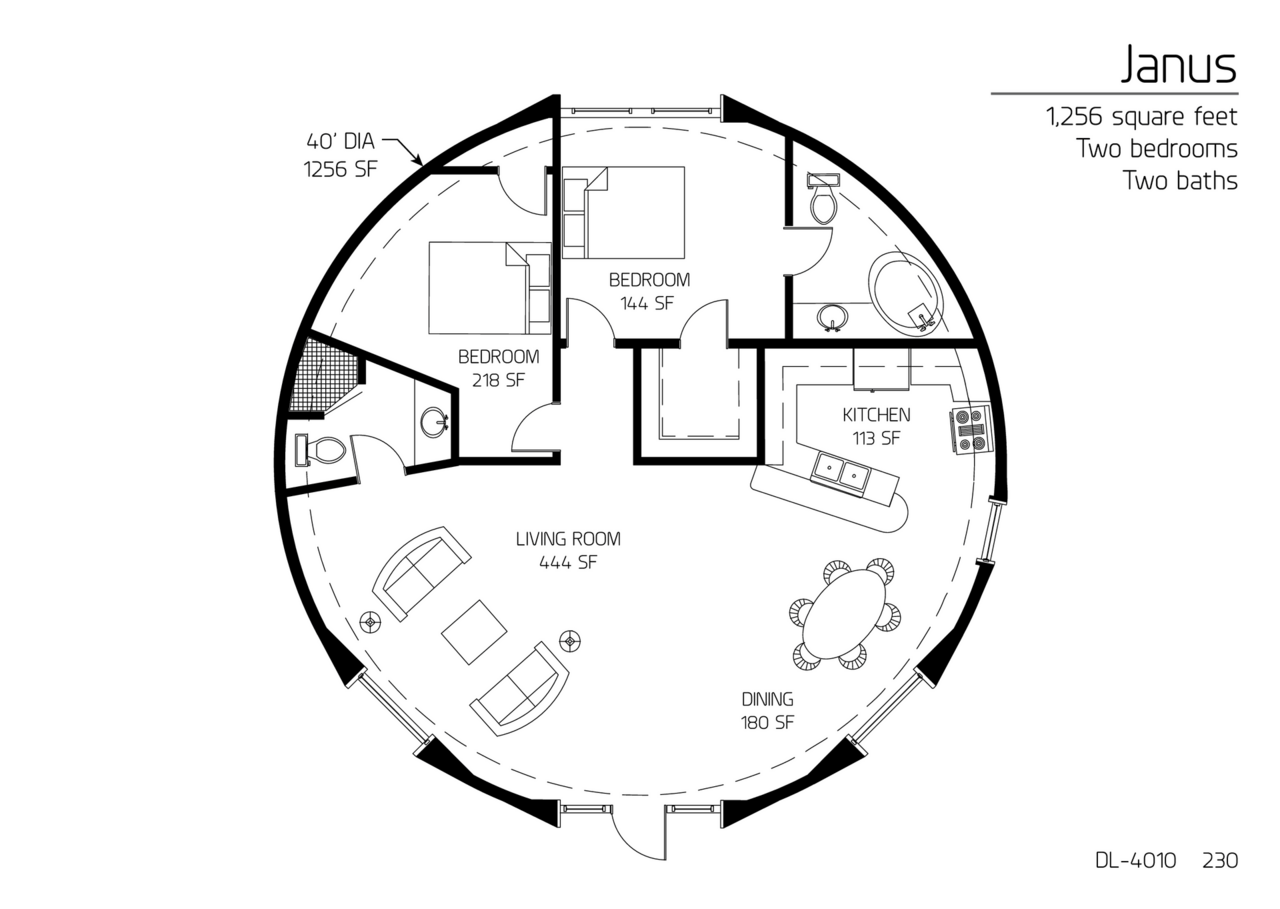 Janus: A 40' Diameter, 1,256 SF,  Two-Bedroom, Two-Bath Floor Plan.