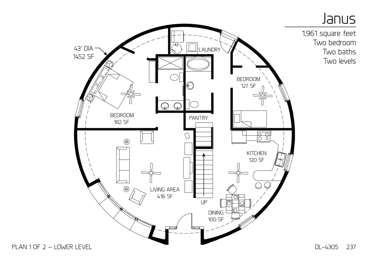 Janus: Main floor of a  42' Diameter, 1,961 SF,  Two-Bedroom, Two-Bath Floor Plan.