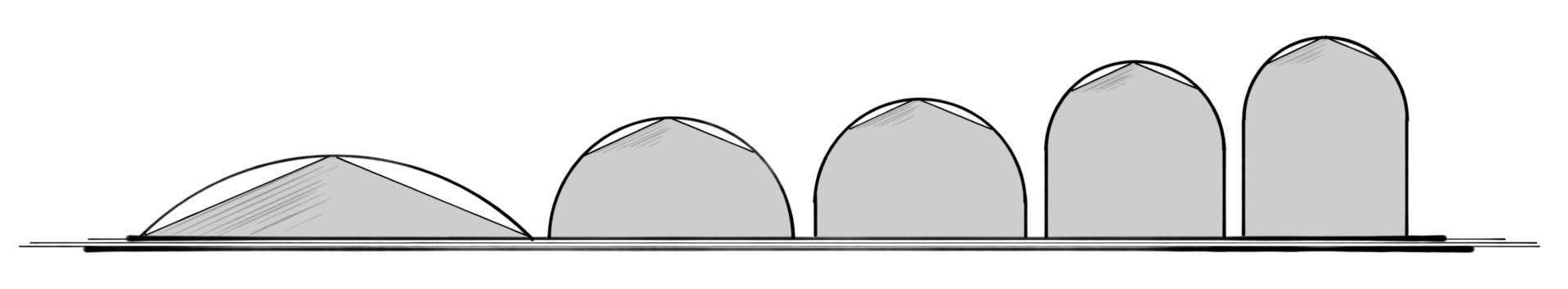Five storage dome shapes used as templates for the sizer.